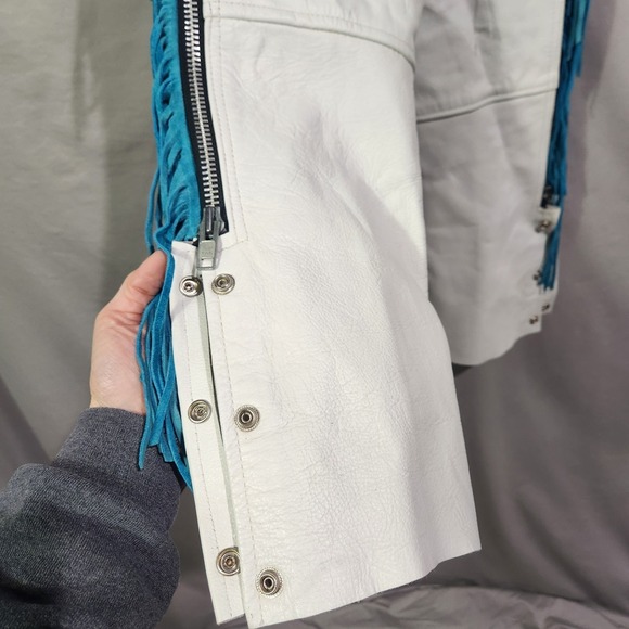 Leather King Western Biker Chaps White w Turquoise Fringe Small Side Zip NEW - Picture 7 of 9